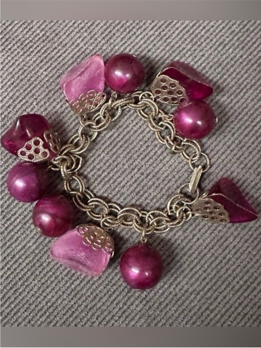 Vintage Purple beaded stone chain charm bracelet 7”